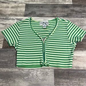 Explorations green/white/blue striped zip-up crop top